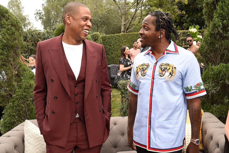 Jay Z and Pusha T attend 2017 Roc Nation Pre-GRAMMY brunch at Owlwood Estate on February 11, 2017 in Los Angeles, California.