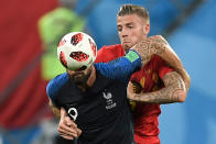 <p>France’s forward Olivier Giroud (L) vies for the ball with Belgium’s defender Toby Alderweireld during the Russia 2018 World Cup semi-final football match between France and Belgium at the Saint Petersburg Stadium in Saint Petersburg on July 10, 2018. (Photo by GABRIEL BOUYS / AFP) </p>