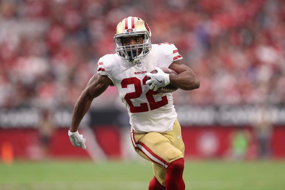 Matt Breida’s value may be reduced without Jimmy G, but his usage in Week 4 is expected to remain high. (Photo by Christian Petersen/Getty Images)