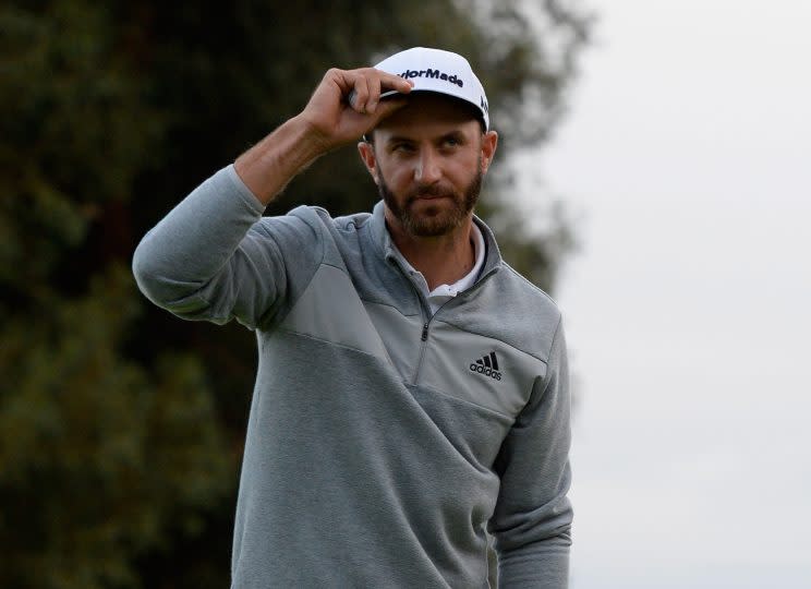 PACIFIC PALISADES, CA – FEBRUARY 19: Dustin Johnson celebrates his win on the 18th hole during the final round at the Genesis Open at Riviera Country Club on February 19, 2017 in Pacific Palisades, California. (Photo by Robert Laberge/Getty Images)