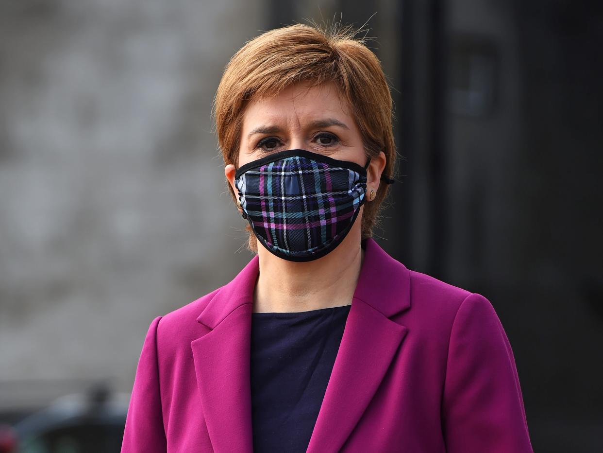 <p>Sturgeon campaigning in South Queensferry today</p> (Getty)