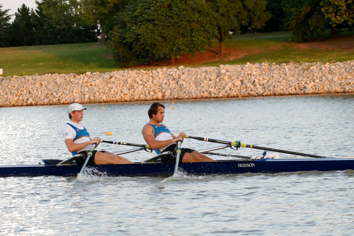 Competitors row down the river during the Stars & Stripes River Festival at Riversports Adventures in Oklahoma City, Oklahoma on June 29, 2019.