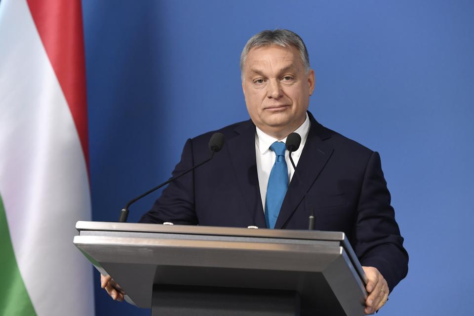 Hungarian Prime Minister Viktor Orban addresses the media during an international press conference in the Cabinet Office of the Prime Minister in Budapest, Hungary, Thursday, Jan. 10, 2019. (Szilard Koszticsak/MTI via AP)