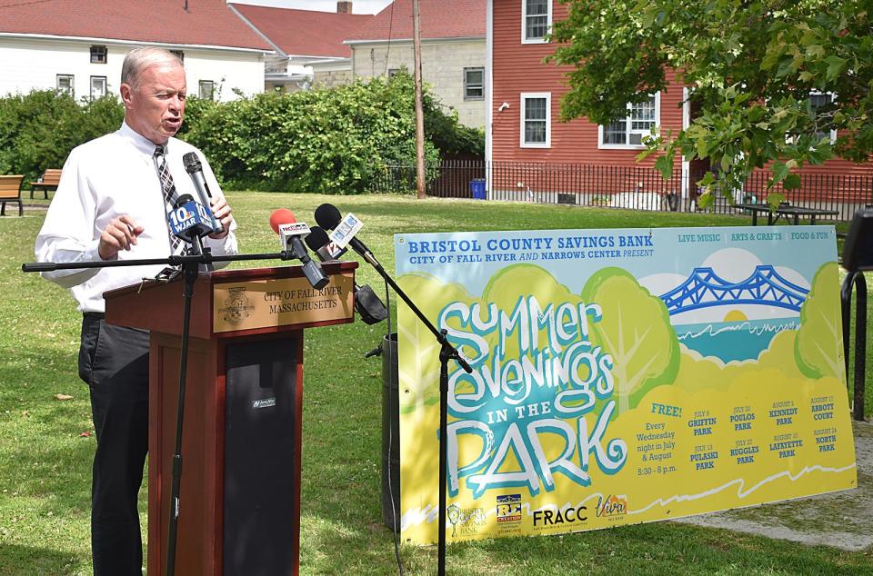 At a press conference on Wednesday, Mayor Paul Coogan was joined by representatives from the Narrows Center for the Arts, Bristol County Savings Bank and Greater Fall River Re-Creation to announce the return of “Summer Evenings in the Park” offering free family-centric events that feature live music, arts and crafts, food and fun.