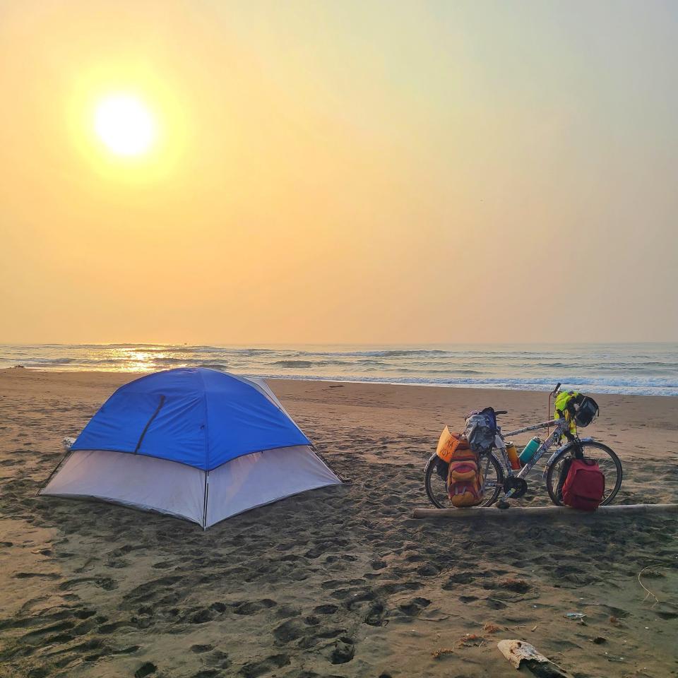 Daniel James of Canton recently completed a bicycling trip through Central America. His home on the road was a tent.