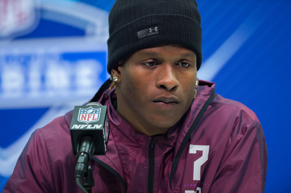 INDIANAPOLIS, IN - MARCH 01: West Virginia running back Justin Crawford answers questions from the media  during the NFL Scouting Combine on March 1, 2018 at the Indiana Convention Center in Indianapolis, IN. (Photo by Zach Bolinger/Icon Sportswire via Getty Images)