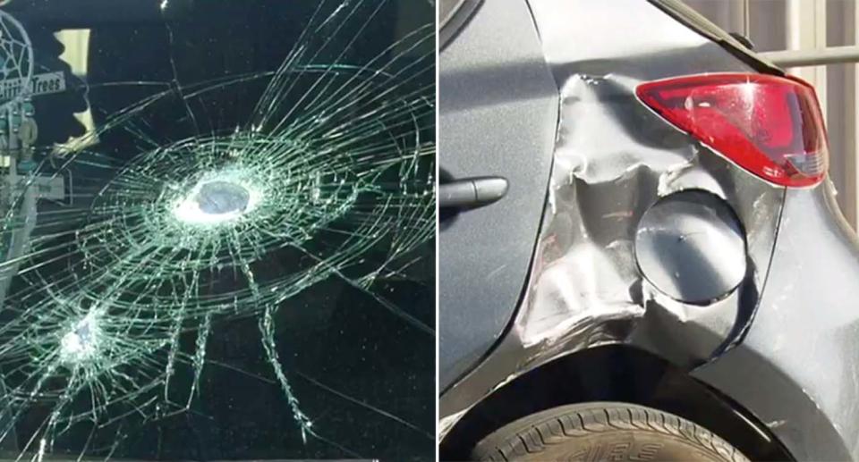 Photos showing damage to the hatchback, including a smashed windscreen and damage to the fuel cap panel.