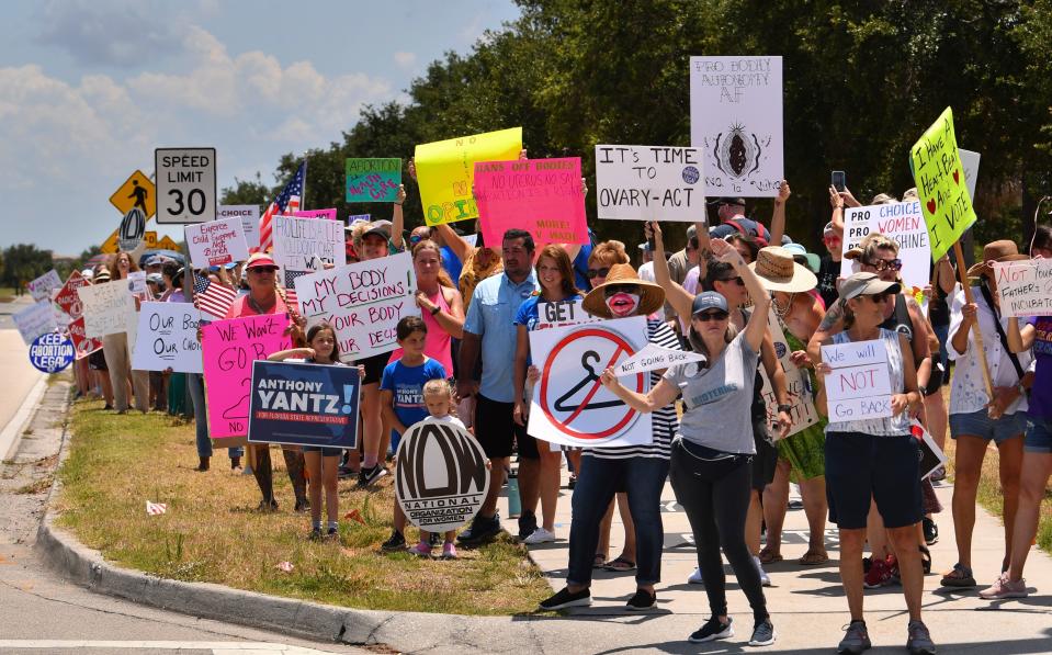 Hundreds of pro-abortion rights protesters showed up Saturday afternoon outside the Moore Justice Center in Viera for a Bans off Our Bodies protest.