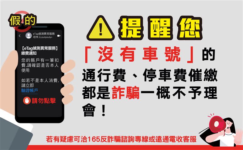 遠通表示，「沒有車號」的通行費 停車費催繳都是詐騙，一概不予理會。（圖／遠通提供）