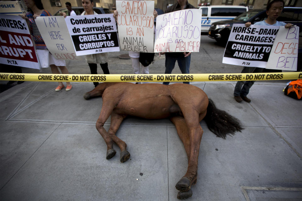 Defensores de los derechos de los animales de la organización PETA protestan, con el muñeco de un caballo, contra lo que consideran prácticas de crueldad contra los equinos que arrastran carruajes en Nueva York. (Reuters)