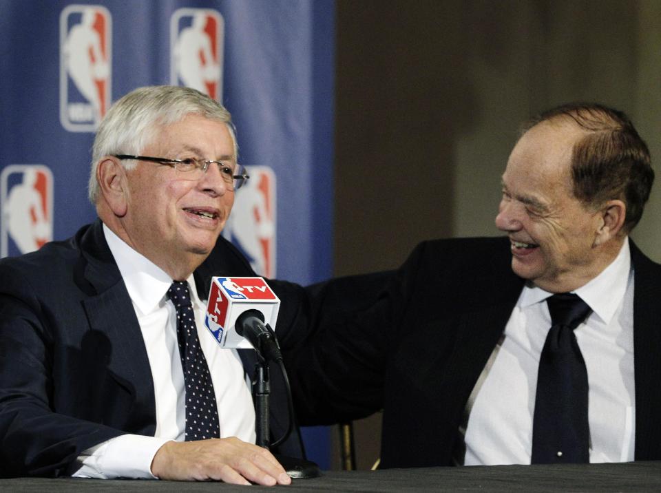 Glen Taylor, Minnesota Timberwolves owner and outgoing NBA Board of Governors chairman, right, laughs with Commissioner David Stern during a basketball news conference following meetings in New York, Thursday, Oct. 25, 2012. Stern announced he will retire on Feb. 1, 2014, 30 years after he took charge of the league. He will be replaced by Deputy Commissioner Adam Silver. Taylor will be replaced as board chairman by San Antonio Spurs owner Peter Holt. (AP Photo/Kathy Willens)