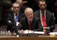 Britain's Ambassador to the United Nations, Mark Lyall Grant addresses the United Nations Security Council, Friday, May 2, 2014. The U.N. Security Council is meeting in emergency session on Ukraine after Russia called for a public meeting on the growing crisis there. (AP Photo/Richard Drew)