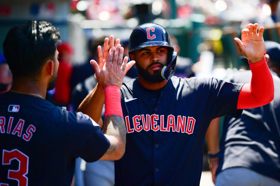 Guardians outfielder Johnathan Rodriguez is greeted after scoring a run against the Angels during the sixth inning, May 26, 2024, in Anaheim.