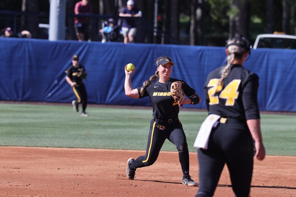 May 9, 2024; Auburn, AL, USA; Missouri Tigers shortstop Jenna Laird (3) throws to first base against the Florida Gators during the SEC Softball Championship game at Jane B. Moore Field. Mandatory Credit: John Reed-USA TODAY Sports