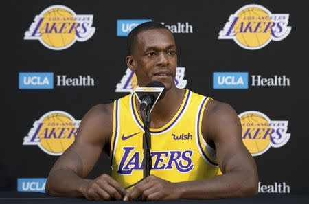 Sep 24, 2018; El Segundo, CA, USA; Los Angeles Lakers guard Rajon Rondo answers a reporter's question during the Los Angeles Lakers media dat at the UCLA Health Training Center. Mandatory Credit: Robert Hanashiro-USA TODAY Sports