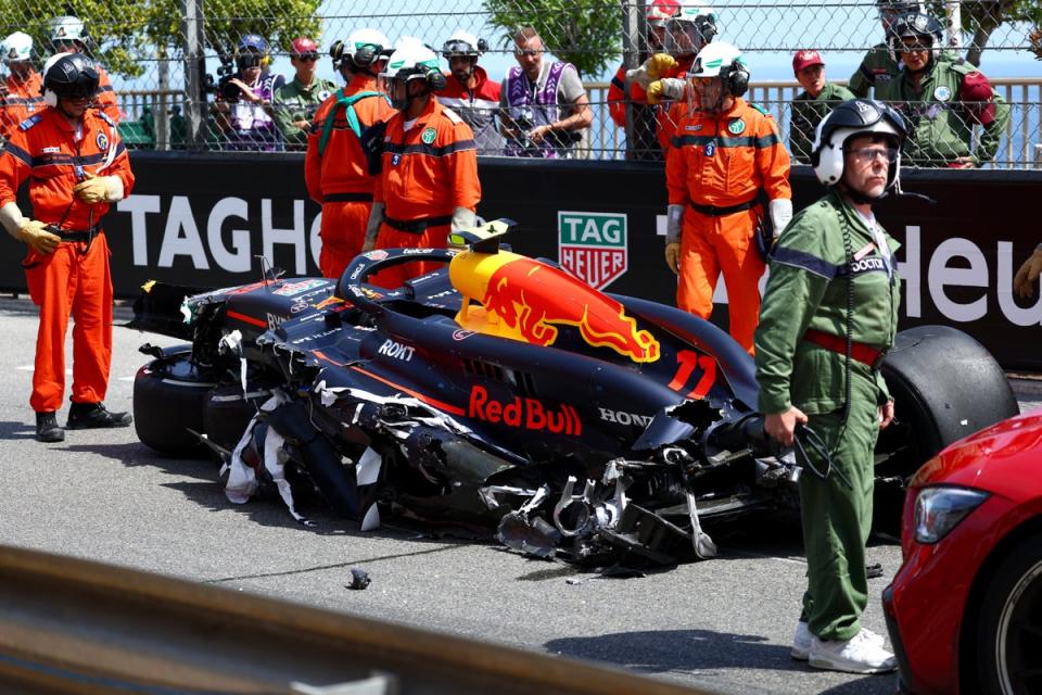 Sergio Perez’s Red Bull was left wrecked by a massive first-lap crash involving both Haas cars (Getty Images)