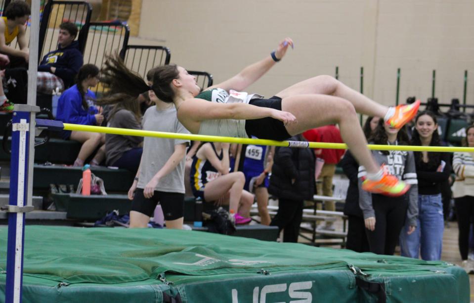 Lindsey Elliot of Oakmont competes in the high jump in a meet at Wachusett Regional on January 10, 2024.