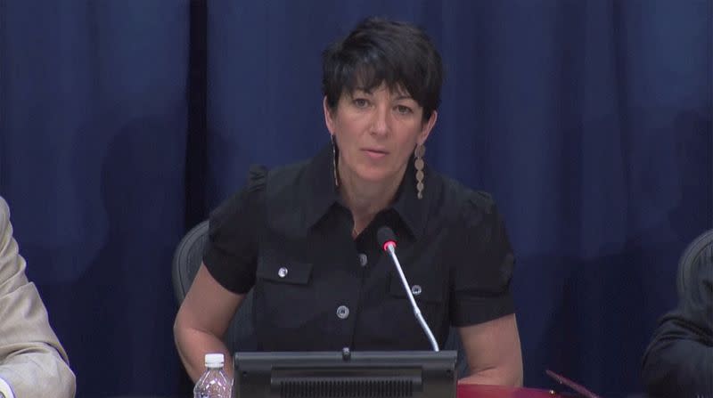 Ghislaine Maxwell speaks at a news conference at the United Nations in New York