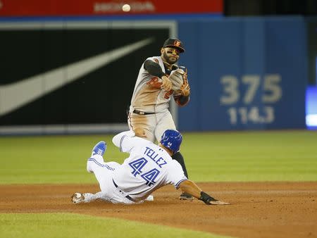 Apr 1, 2019; Toronto, Ontario, CAN; Toronto Blue Jays designated hitter Rowdy Tellez (44) tries to break up a double play by Baltimore Orioles second baseman Jonathan Villar (2) during the seventh inning at Rogers Centre. Baltimore defeated Toronto. Mandatory Credit: John E. Sokolowski-USA TODAY Sports