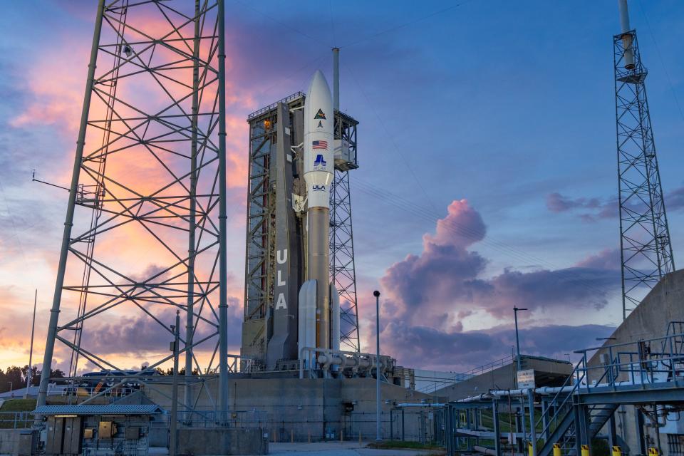 The United Launch Alliance (ULA) Atlas V rocket and SILENTBARKER/NROL-107 mission for the National Reconnaissance Office (NRO) and United States Space Force sit on the pad at Space Launch Complex 41 (SLC-41) at Cape Canaveral.