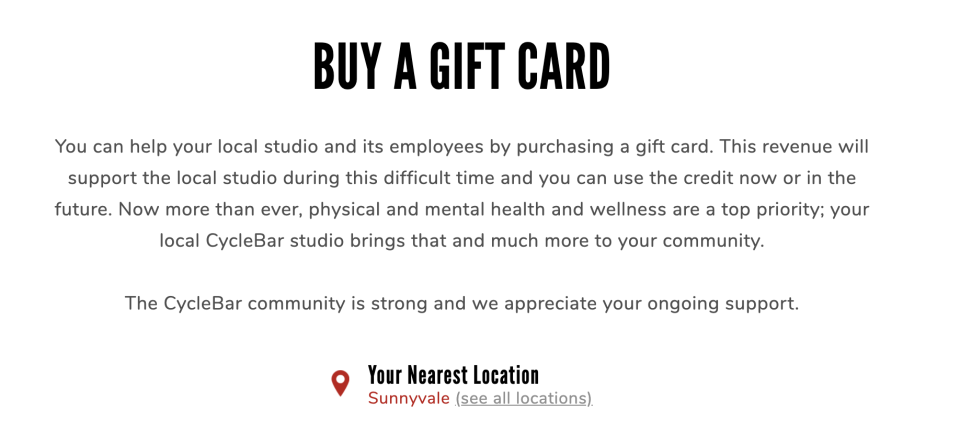 CycleBar is offering gift cards for purchase. (Photo: CycleBar)