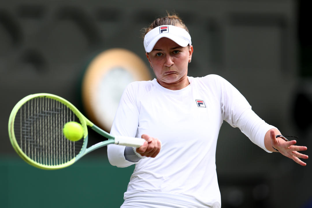 LONDON, ENGLAND - JULY 11: Barbora Krejcikova of Czechia plays a forehand against Elena Rybakina of Kazakhstan in the Ladies' Singles Semi-Final match during day eleven of The Championships Wimbledon 2024 at All England Lawn Tennis and Croquet Club on July 11, 2024 in London, England. (Photo by Francois Nel/Getty Images)