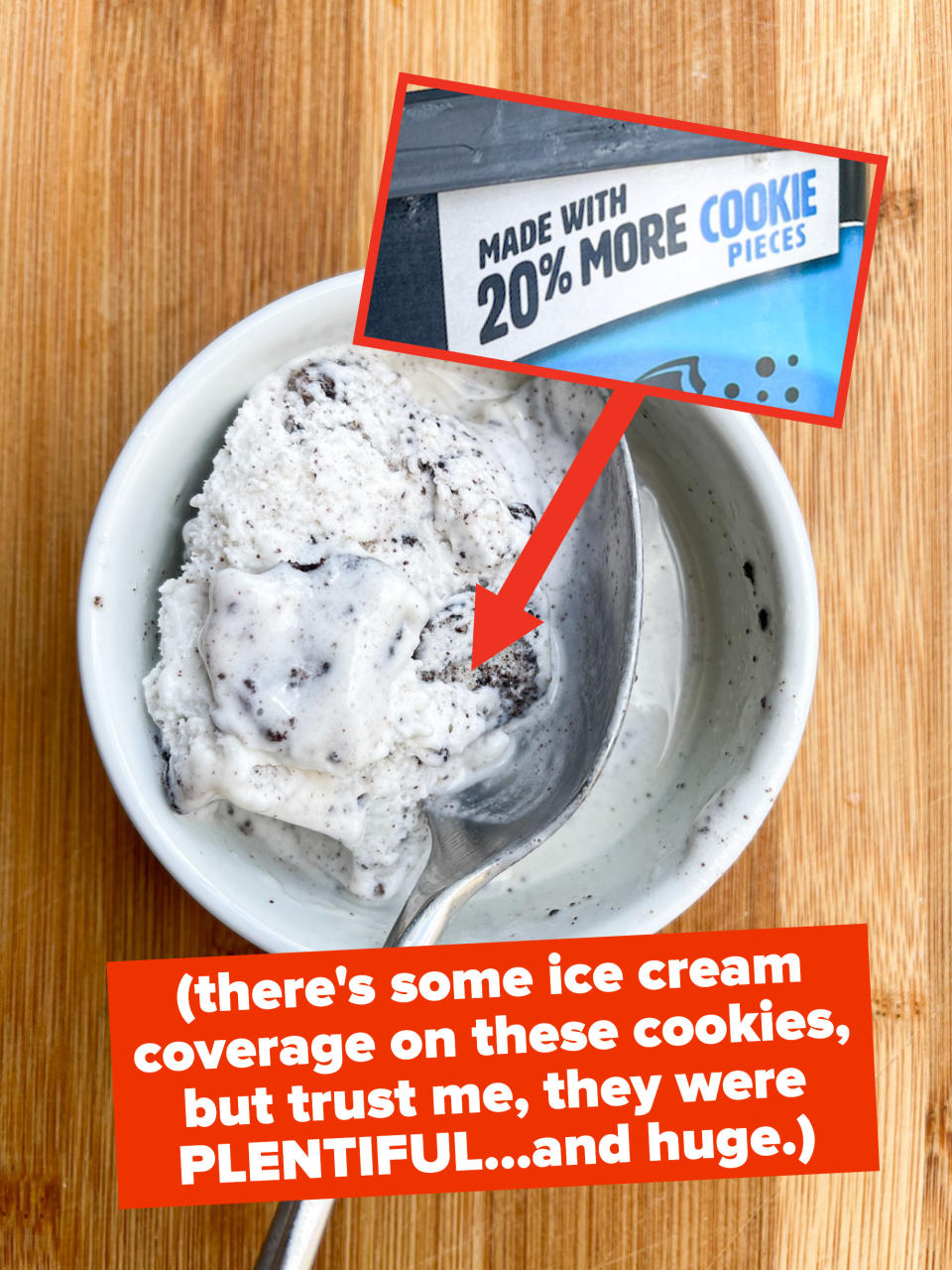 A pint of ice cream with text that says, "(there's some ice cream coverage on these cookies, but trust me, they were PLENTIFUL...and huge.)"