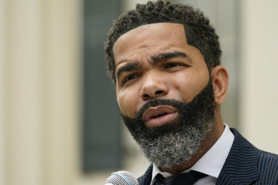 Mayor Chokwe Antar Lumumba speaks during a news conference at City Hall in Jackson, Miss., regarding updates on the ongoing water infrastructure issues, Tuesday, Sept. 6, 2022. (AP Photo/Rogelio V. Solis)