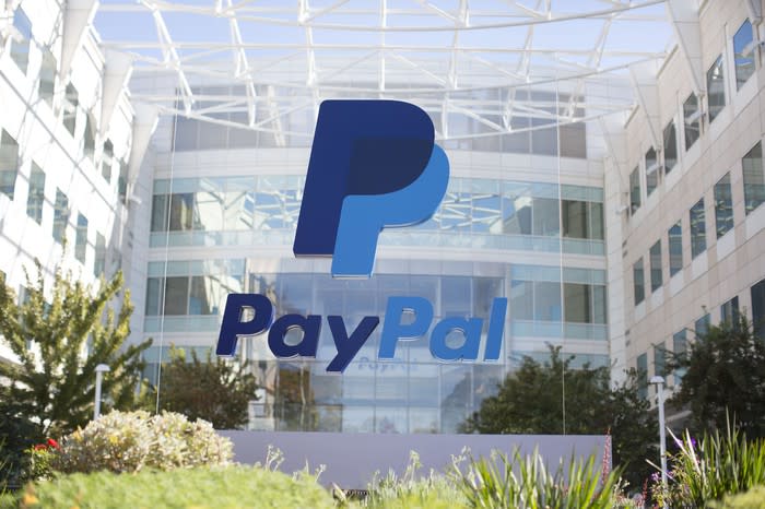 PayPal's corporate headquarters with a large sign featuring the company's name and logo.