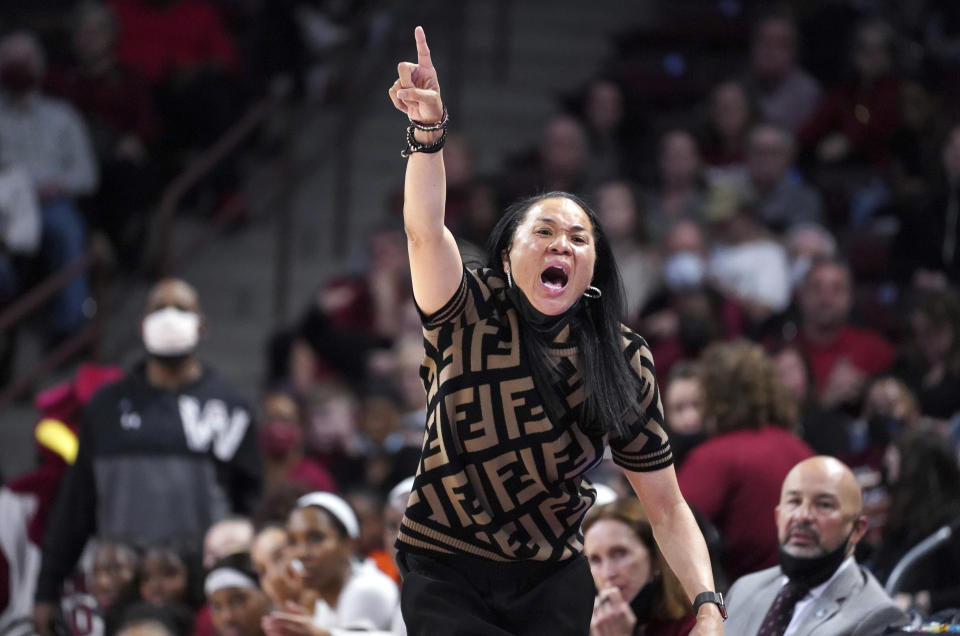 FILE - South Carolina head coach Dawn Staley directs her team during the first half of a first-round game against Howard in the NCAA women's college basketball tournament Friday, March 18, 2022 in Columbia, S.C. South Carolina won 79-21. (AP Photo/Sean Rayford, File)