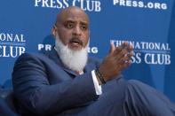 Executive Director of the Major League Baseball Players Association Tony Clark speaks during a news conference at the Press Club in Washington, Wednesday, Sept. 7, 2022. (AP Photo/Jose Luis Magana)