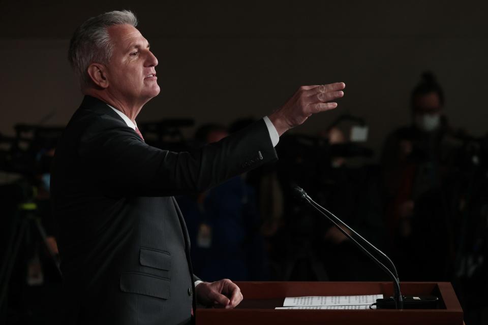 WASHINGTON, DC - NOVEMBER 18: House Minority Leader Kevin McCarthy (R-CA) talks to reporters during his weekly news conference in the U.S. Capitol Visitors Center on November 18, 2021 in Washington, DC. McCarthy was asked about the House censuring Rep. Paul Gosar (R-AZ) after he posted a violent animated video of himself killing Rep. Alexandra Ocasio-Cortez (D-NY) and swinging a sword at President Joe Biden.  (Photo by Chip Somodevilla/Getty Images) ORG XMIT: 775739383 ORIG FILE ID: 1354043864