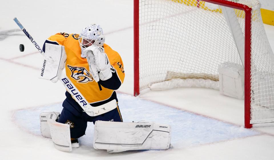 Nashville Predators goaltender Connor Ingram (39) deflects the puck in Game 4 of a first-round playoff series Monday, May 9, 2022, at Bridgestone Arena in Nashville, Tenn.