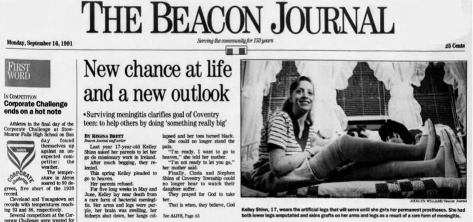 A clipping from a Sept. 16, 1991, Akron Beacon Journal story about Coventry High School student Kelley Shinn.