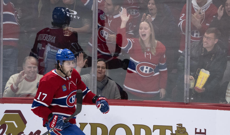 Montreal Canadiens' Josh Anderson celebrates his gaol against the Calgary Flames during the third period of an NHL hockey game in Montreal, Monday, Dec. 12, 2022. (Paul Chiasson/The Canadian Press via AP)