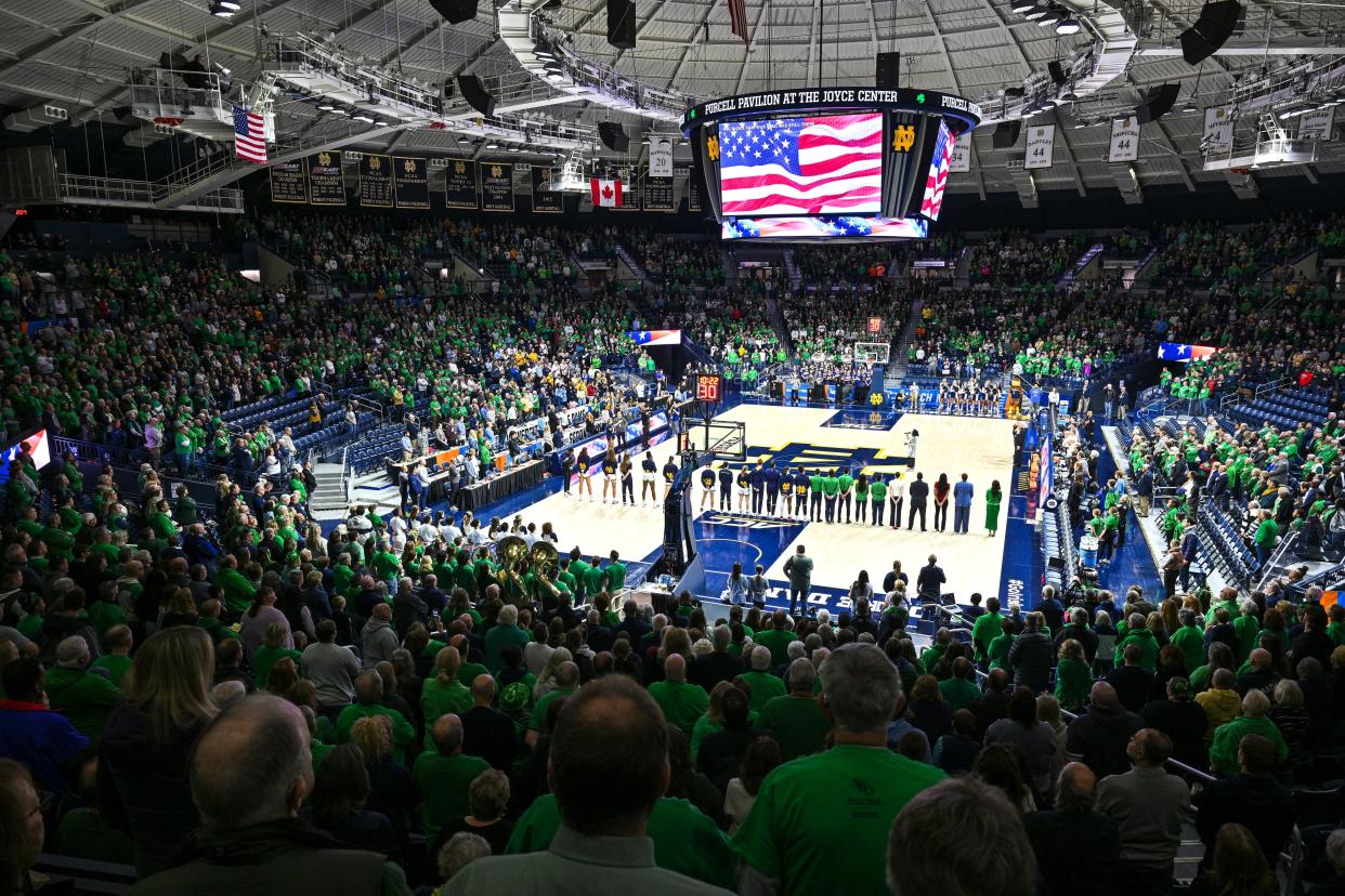 Mar 23, 2024; South Bend, Indiana, USA; A general view of the Purcell Pavilion during the national anthem before the NCAA Tournament first round game between the Notre Dame Fighting Irish and the Kent State Golden Flashes. Mandatory Credit: Matt Cashore-USA TODAY Sports