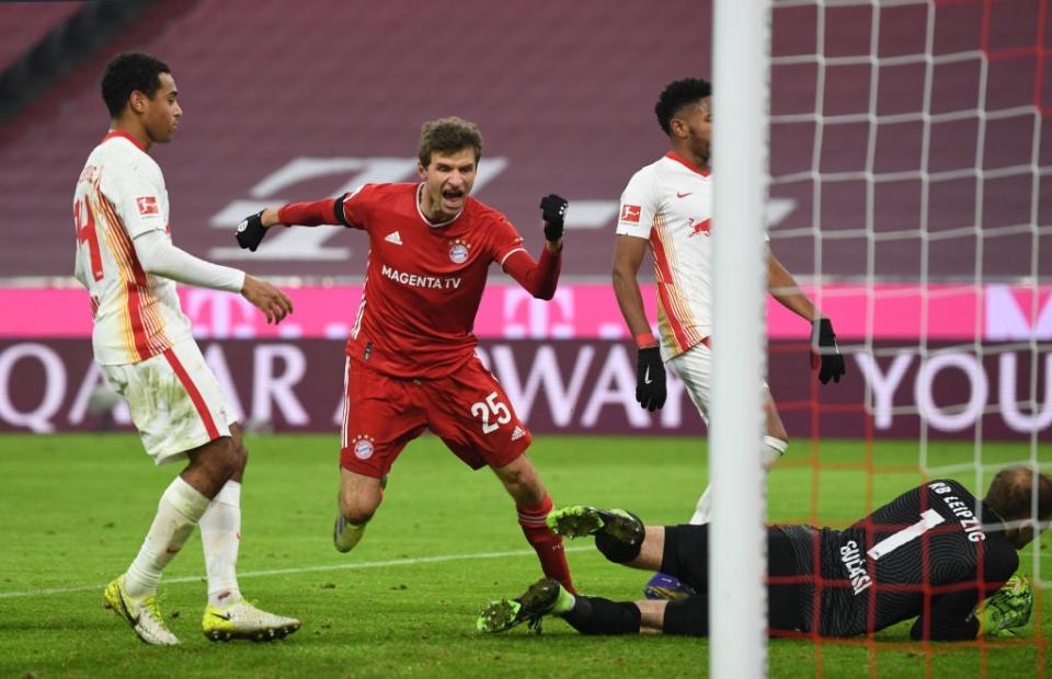 <p>Bayern Munich's Kingsley Coman in action with RB Leipzig's Nordi Mukiele</p> (Getty)