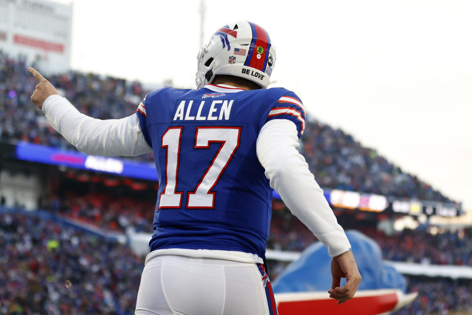 ORCHARD PARK, NEW YORK - JANUARY 15: Josh Allen #17 of the Buffalo Bills takes the field before the game against the Pittsburgh Steelers at Highmark Stadium on January 15, 2024 in Orchard Park, New York. (Photo by Sarah Stier/Getty Images)