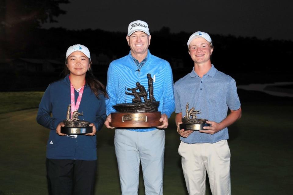 Bryson Hughes of St. Johns (right), who represented First Tee-North Florida, won the male Pro-Junior title on Sunday at the Pure Insurance Championship, a PGA Tour Champion event at Pebble Beach. On the left is female champion Megan Meng and in the center is Pure Insurance winner Steve Flesch.