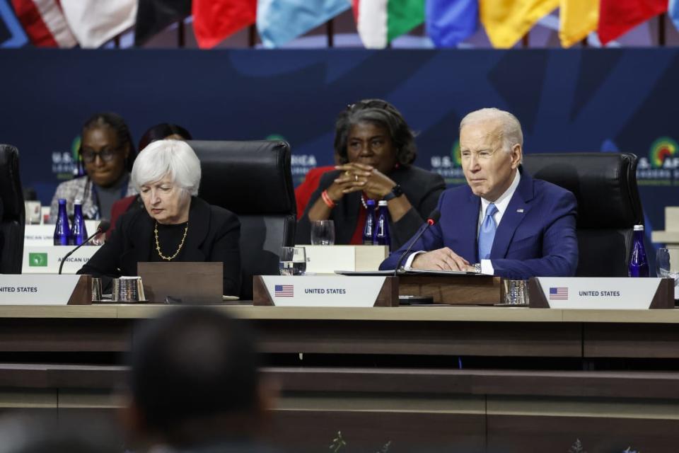 U.S President Joe Biden delivers remarks alongside U.S. Treasury Secretary Janet Yellen at a closing session on Food Security at the U.S. – Africa Leaders Summit on December 15, 2022 in Washington, DC.(Photo by Anna Moneymaker/Getty Images)