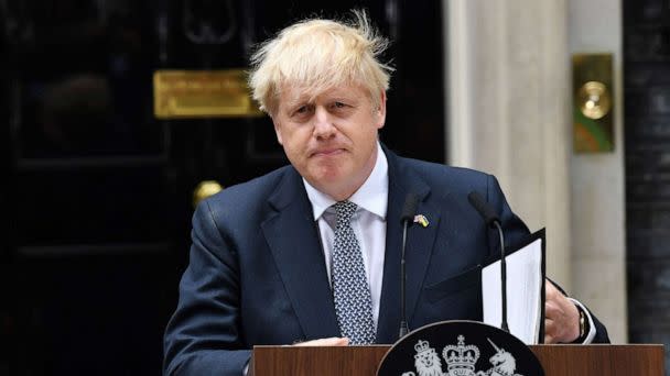 PHOTO: Boris Johnson delivers his resignation speech outside No.10 Downing Street in London, July 7, 2022. (James Veysey/Shutterstock)