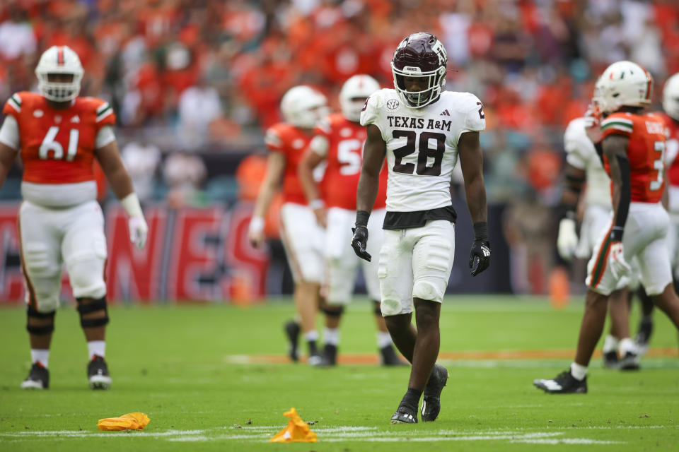 Sep 9, 2023; Miami Gardens, Florida; Texas A&M Aggies defensive back Josh DeBerry (28) looks on against the Miami Hurricanes during the second quarter at Hard Rock Stadium. Sam Navarro-USA TODAY Sports