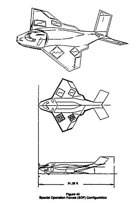 Line drawings of a special operations transport that North American Aircraft proposed in 1992, which has a blended wing body platform and two sets of lift fans in its mid-section. <em>USAF</em>
