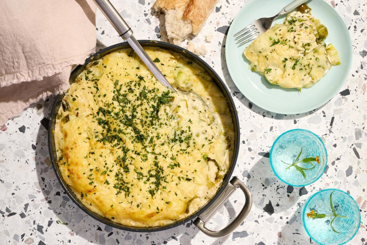 <span>‘New-school shepherd’s pie’: Alice Zaslavsky’s greengrocer’s pie, with leeks, brussels sprouts and tarragon, plus a cheesy potato top. Styling and food prep: Ally Kekovski.</span><span>Photograph: Eugene Hyland/The Guardian</span>