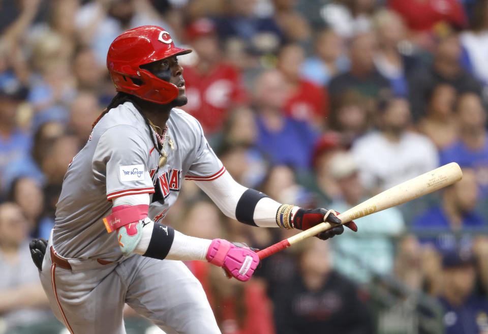 Cincinnati Reds' Elly De La Cruz watches his triple in the fifth inning of a baseball game against the Milwaukee Brewers, Friday, June 14, 2024, in Milwaukee. (AP Photo/Jeffrey Phelps)