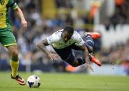 Tottenham Hotspur's Danny Rose falls to the ground after a challenge by Norwich City's Steven Whittaker (unseen) during their English Premier League soccer match at White Hart Lane in London September 14, 2013.