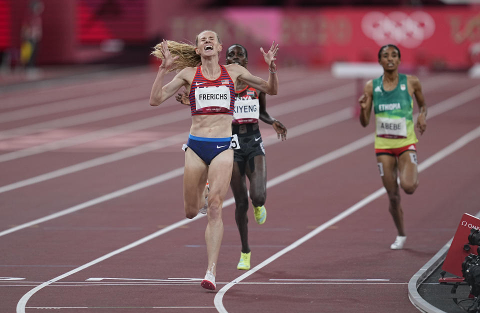 <p>Courtney Frerichs from United States winning silver in 3000 meter steeplechase for women at the Tokyo Olympics, Tokyo Olympic stadium, Tokyo, Japan on August 4, 2021. (Photo by Ulrik Pedersen/NurPhoto via Getty Images)</p> 