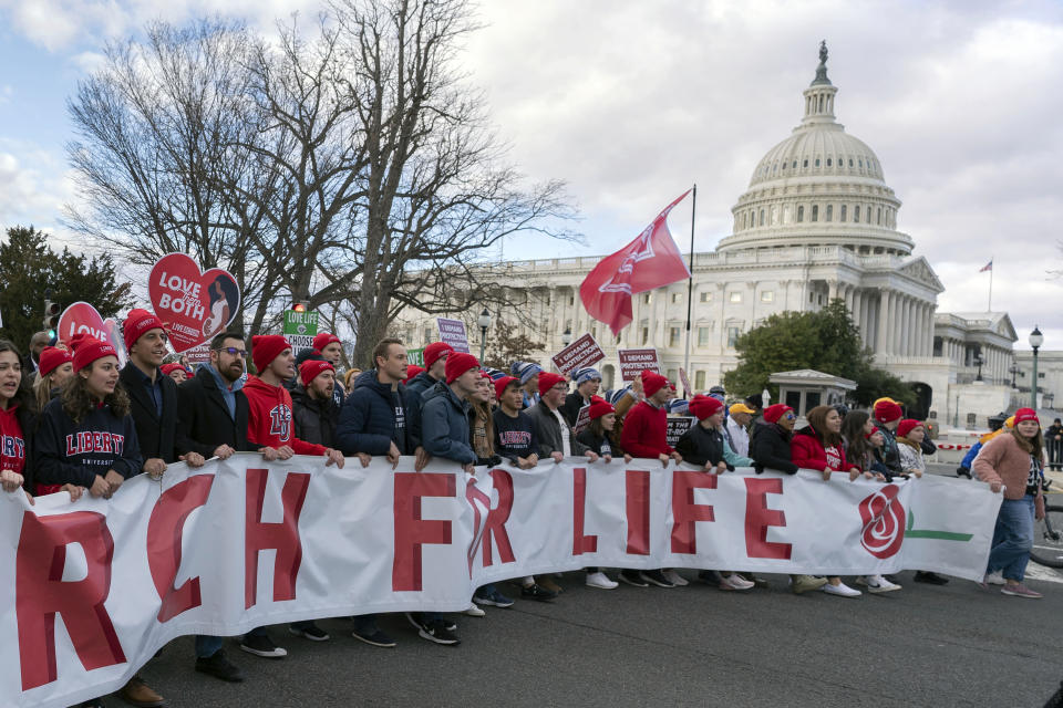 FILE - Anti-abortion activists march outside of the U.S. Capitol during the March for Life in Washington, Friday, Jan. 20, 2023. House Republicans this month have begun to push a series of policy changes around abortion, seeking to build on the work of anti-abortion advocates who helped catapult the issue successfully to the Supreme Court last year. (AP Photo/Jose Luis Magana, File)