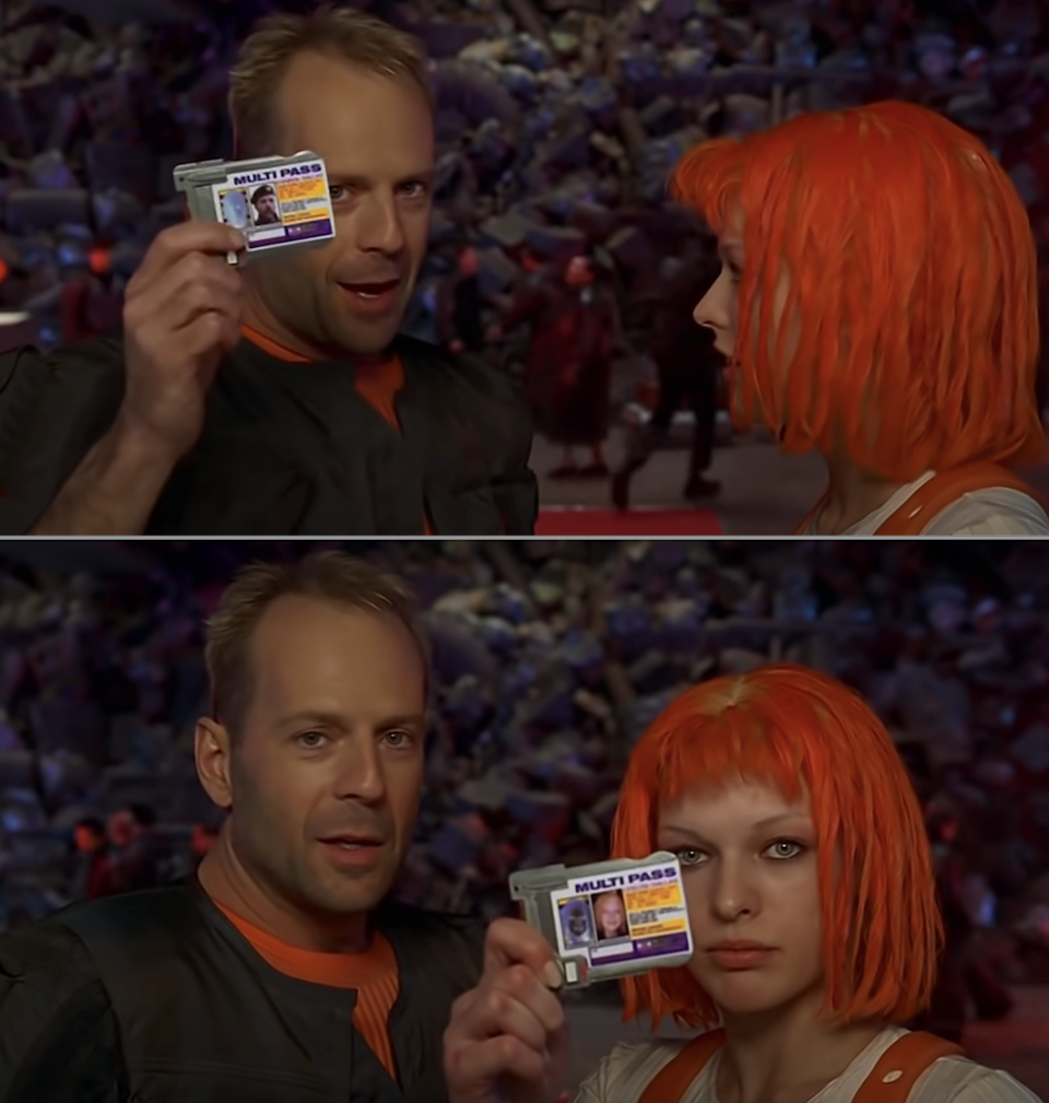 Bruce Willis and Milla Jovovich showing their multi-passes in "The Fifth Element"
