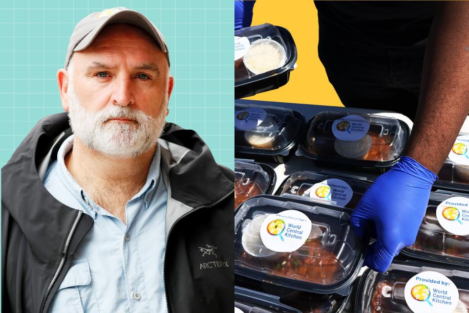 Jose Andres next to hands packing and moving World Central Kitchen food containers